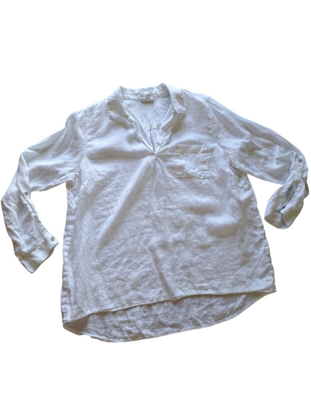 J. Jill Love Linen Large V-Neck Long-Sleeve Shirt Pocket Button Roll Cuffs White